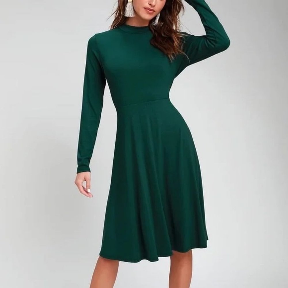 Lulu's Maliyah Forest Green Long Sleeve Midi Skater Dress, size M
